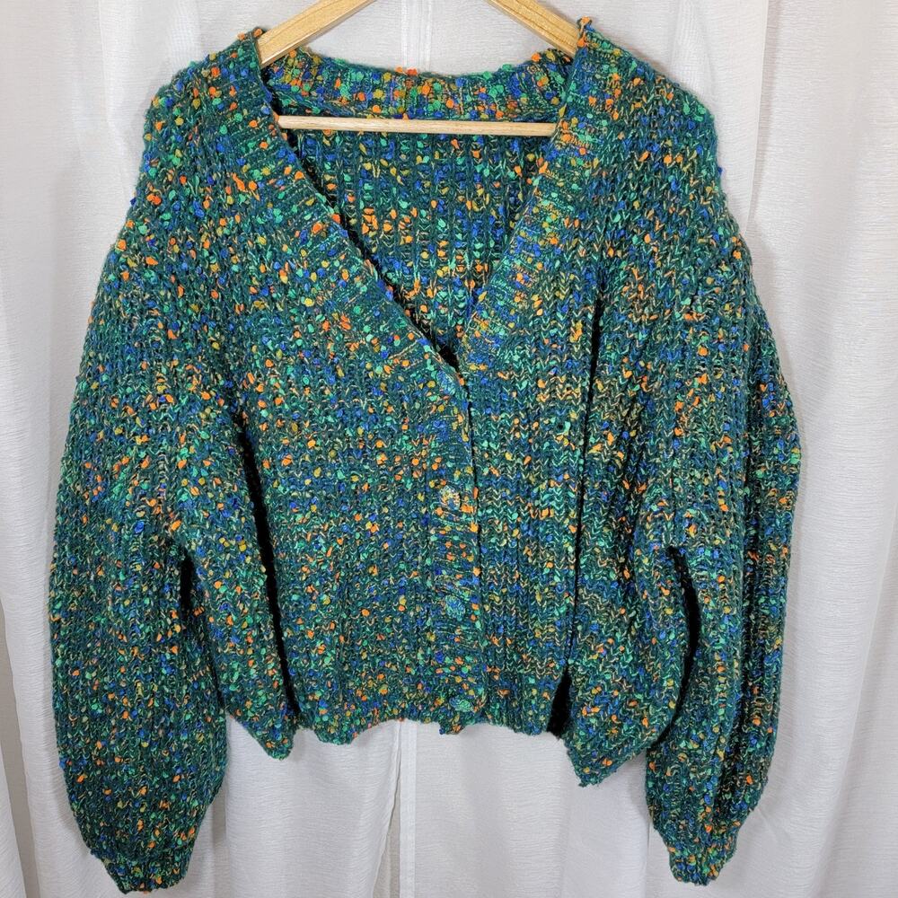 Chunky Multicolor Knit V-Neck Sweater Cardigan - Green